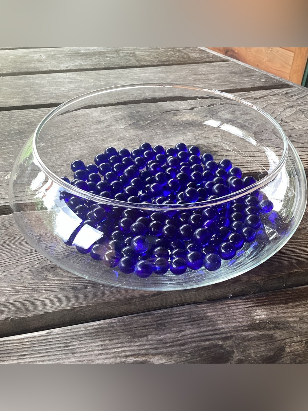 Flat Glass Bowl with Cobalt Blue Glass Marbles